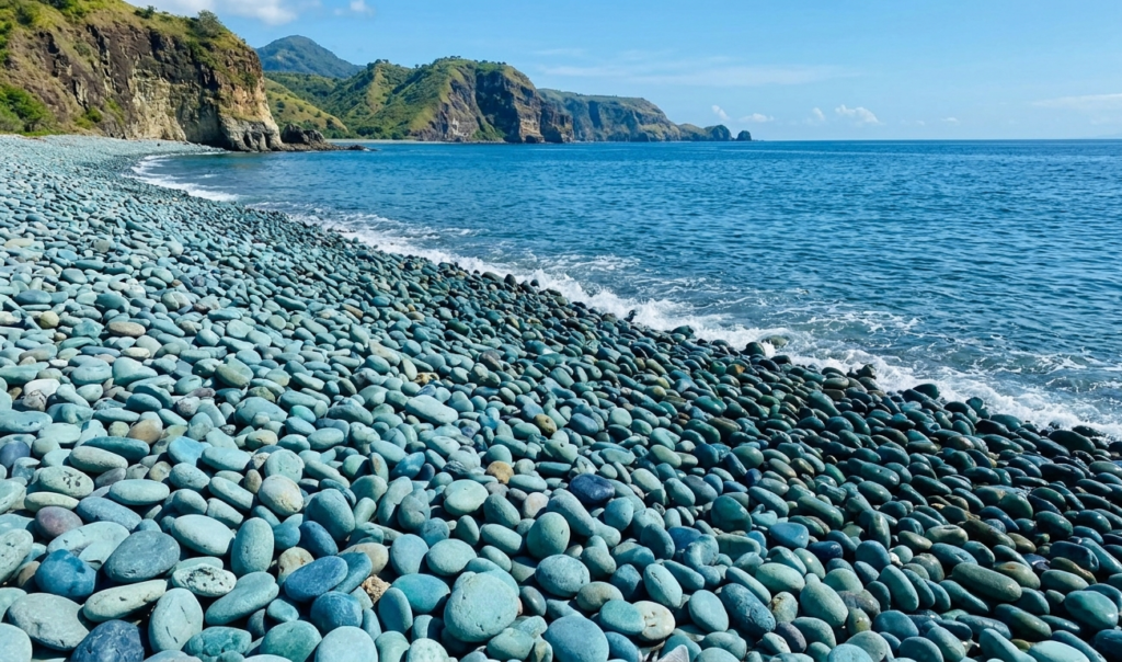Pantai berbatu unik di Pantai Batu Biru dengan hamparan batu berwarna biru kehijauan, ombak laut yang jernih, serta tebing dan perbukitan alami yang memperindah panorama pesisir Ende.