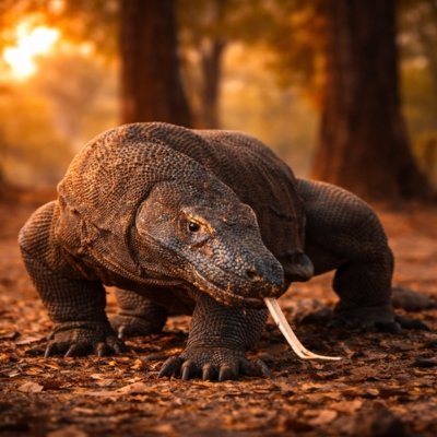The Komodo dragon, a giant lizard native to Indonesia, lives in its natural habitat at Komodo National Park, with its large body and rough, scaly skin.