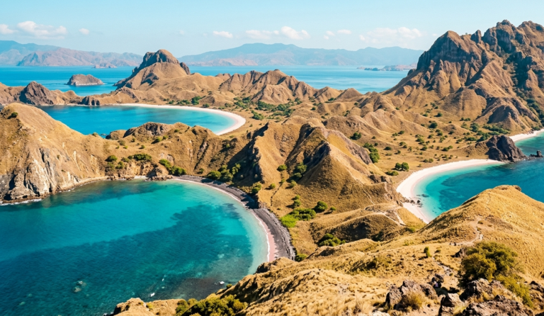 Pemandangan Pulau Padar di Taman Nasional Komodo dengan bukit savana dan teluk berair biru jernih yang ikonik di Labuan Bajo