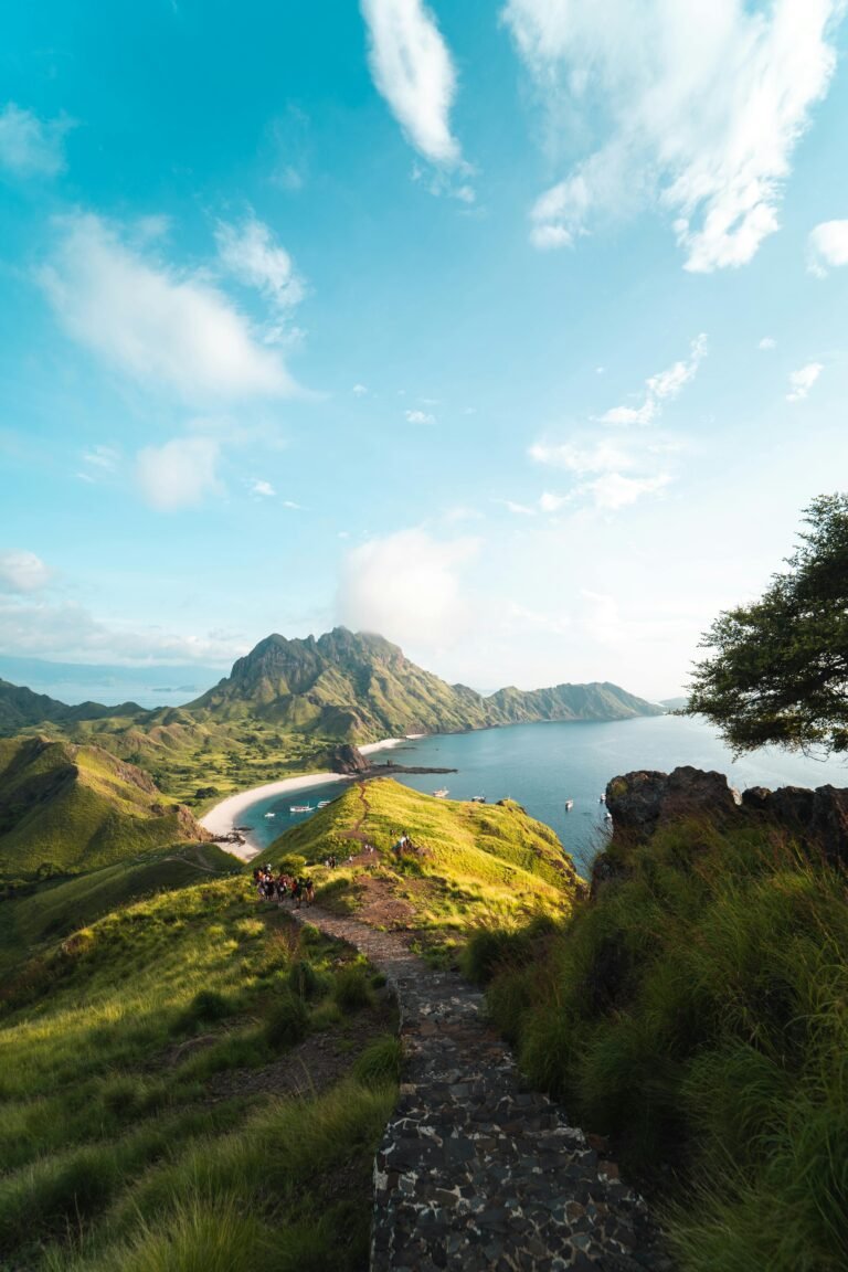 Pemandangan Pulau Padar di Taman Nasional Komodo dengan perbukitan hijau, teluk biru, dan jalur trekking populer di Labuan Bajo