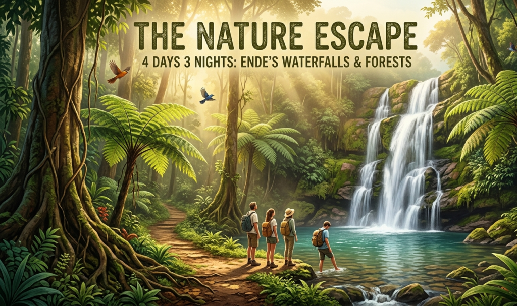 Adventure Overland 4 Hari 3 Malam Ende Flores dengan eksplorasi air terjun, hutan tropis, dan wisata alam menuju Ende di Pulau Flores.