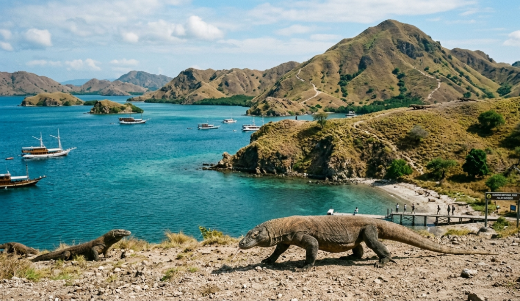 omodo dragons walking on the الساحل of Pulau Komodo with turquoise sea, hills, and boats in the background