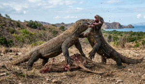 Dua Komodo dragon sedang berebut mangsa di habitat alaminya di Taman Nasional Komodo, dekat Labuan Bajo.