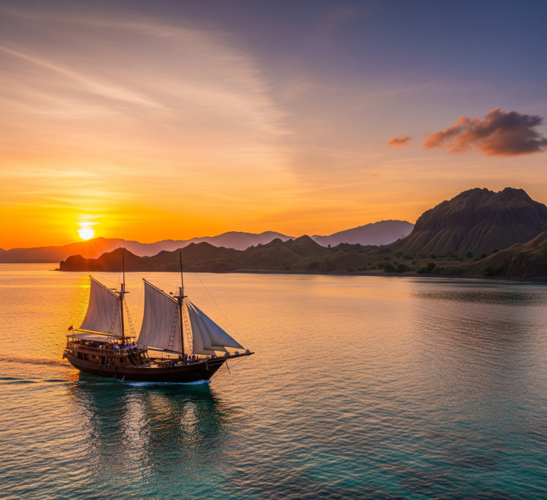 Sunset view of a traditional Phinisi ship sailing across calm turquoise waters near Labuan Bajo, with rolling hills of Komodo National Park silhouetted against a golden-orange sky.