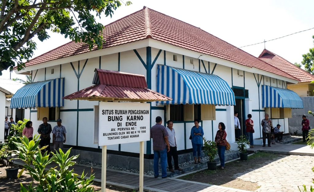 Rumah pengasingan Soekarno di Ende dengan arsitektur sederhana beratap merah, dilengkapi kanopi biru-putih, dan pengunjung yang berdiri di halaman depan situs bersejarah