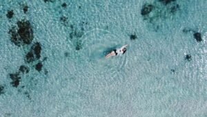 ambar ini memperlihatkan pemandangan dari atas (drone) seseorang yang sedang mengapung santai di air laut yang sangat jernih. Airnya berwarna biru kehijauan dengan dasar pasir yang terlihat jelas, serta beberapa area gelap yang kemungkinan adalah karang atau batu laut. Orang tersebut tampak rileks, berbaring di permukaan air dangkal, menunjukkan suasana yang tenang dan tropis—mirip dengan perairan yang bisa ditemukan di sekitar Taman Nasional Komodo atau destinasi pantai eksotis lainnya di Indonesia.