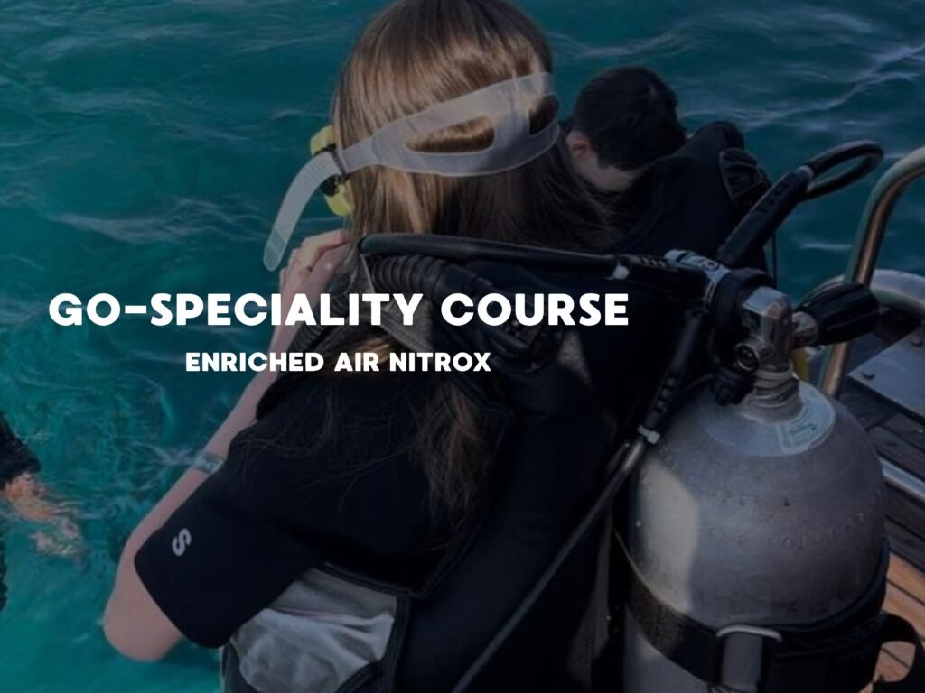 GO-Specialty Course Enriched Air Nitrox diver preparing scuba gear on a boat before entering clear blue ocean water