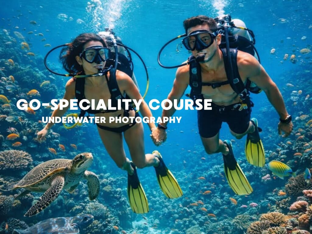 Scuba diver taking photos during underwater photography specialty course