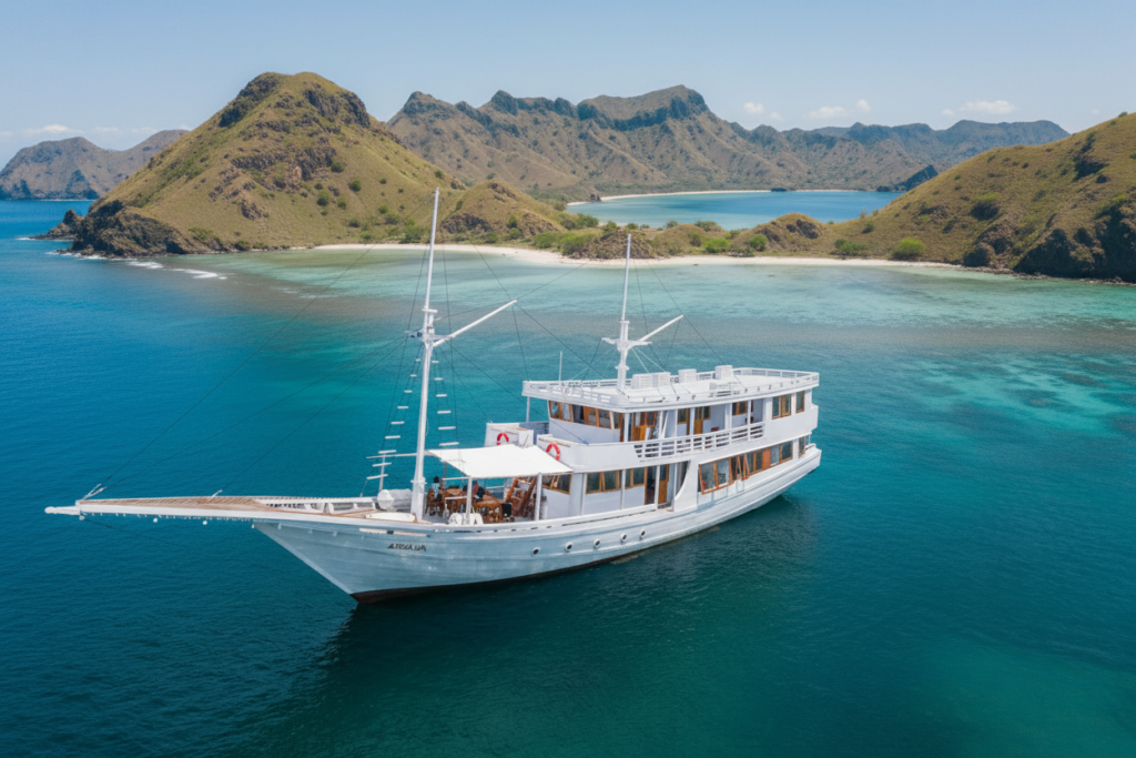 A luxury phinisi liveaboard sailing in turquoise waters near Komodo National Park, surrounded by scenic hills and tropical islands under a clear blue sky.