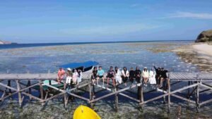 Group travelers enjoying a private Komodo island tour on a traditional wooden pier surrounded by crystal-clear turquoise water and beautiful tropical scenery in Labuan Bajo, Indonesia. This unforgettable Komodo National Park experience captures the essence of slow travel, island hopping, luxury sailing adventures, and authentic moments with friends and family during a private phinisi cruise.