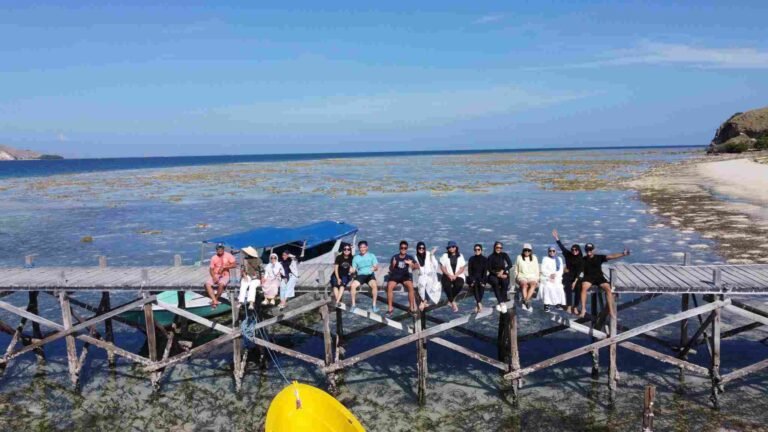 Group travelers enjoying a private Komodo island tour on a traditional wooden pier surrounded by crystal-clear turquoise water and beautiful tropical scenery in Labuan Bajo, Indonesia. This unforgettable Komodo National Park experience captures the essence of slow travel, island hopping, luxury sailing adventures, and authentic moments with friends and family during a private phinisi cruise.