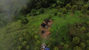 Aerial view of an eco stay in Flores surrounded by lush tropical forest near Labuan Bajo, featuring traditional bamboo huts and sustainable nature tourism.