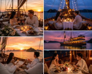 Pasangan romantis menikmati dinner mewah di atas kapal phinisi saat sunset di Labuan Bajo bersama Visit Labuan Bajo Komodo.