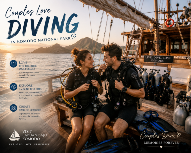 Couples preparing for diving on luxury phinisi boat in Komodo National Park during romantic honeymoon trip by Visit Labuan Bajo Komodo
