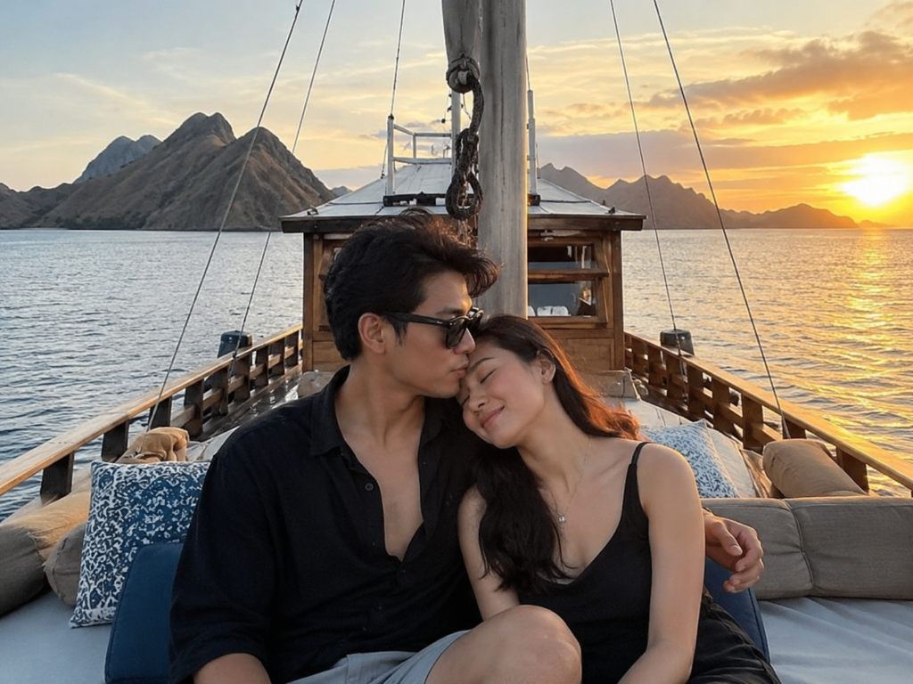 Alt text: Romantic Komodo honeymoon couple enjoying sunset dinner on a luxury phinisi boat in Labuan Bajo – Visit Labuan Bajo Komodo