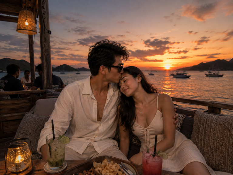 Romantic Labuan Bajo honeymoon dinner on luxury phinisi boat during sunset with Visit Labuan Bajo Komodo private trip and Komodo Island experience.