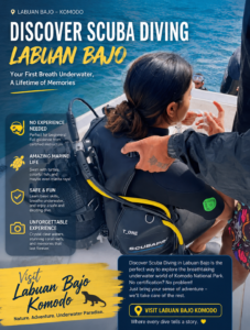 Discover Scuba Diving in Labuan Bajo with Visit Labuan Bajo Komodo. Beginner diver receiving guidance from a certified instructor before entering the crystal-clear waters of Komodo National Park for an unforgettable underwater adventure.