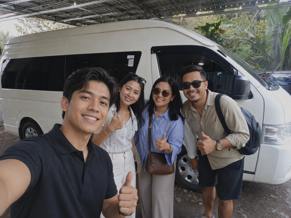 A young, friendly driver takes a selfie with three guests standing beside a white passenger van. Everyone is smiling and giving a thumbs-up in a covered parking area surrounded by greenery.