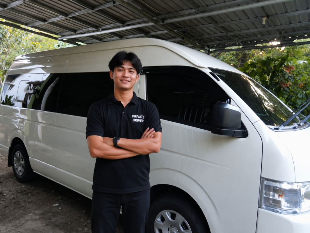 Young private driver standing beside a white passenger van in Labuan Bajo, Flores, Indonesia, ready to provide comfortable airport transfers, overland tours, and private transportation service