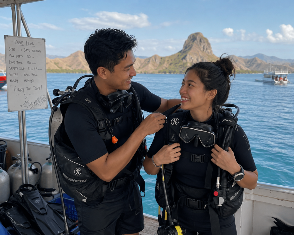 Couple preparing for a romantic scuba diving experience on a dive boat in Komodo National Park, Labuan Bajo, Indonesia.
