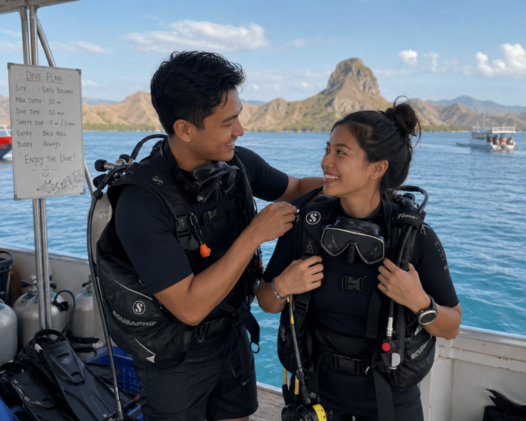 Couple preparing for a romantic scuba diving experience on a dive boat in Komodo National Park, Labuan Bajo, Indonesia.