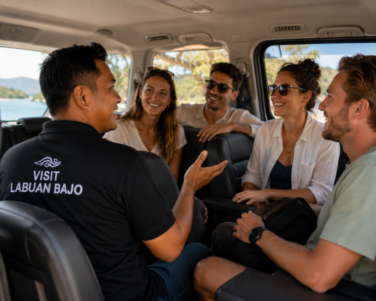 Visit Labuan Bajo driver chatting with several tourists inside a car during a tour in Labuan Bajo.