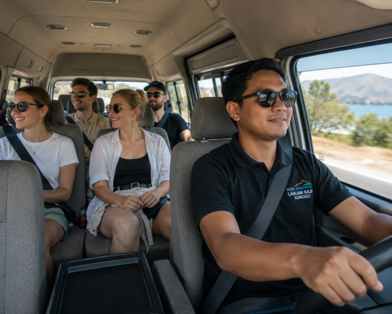 Professional Visit Labuan Bajo driver driving a Toyota HiAce minibus with happy European tourists on their way to explore Labuan Bajo and Komodo National Park.